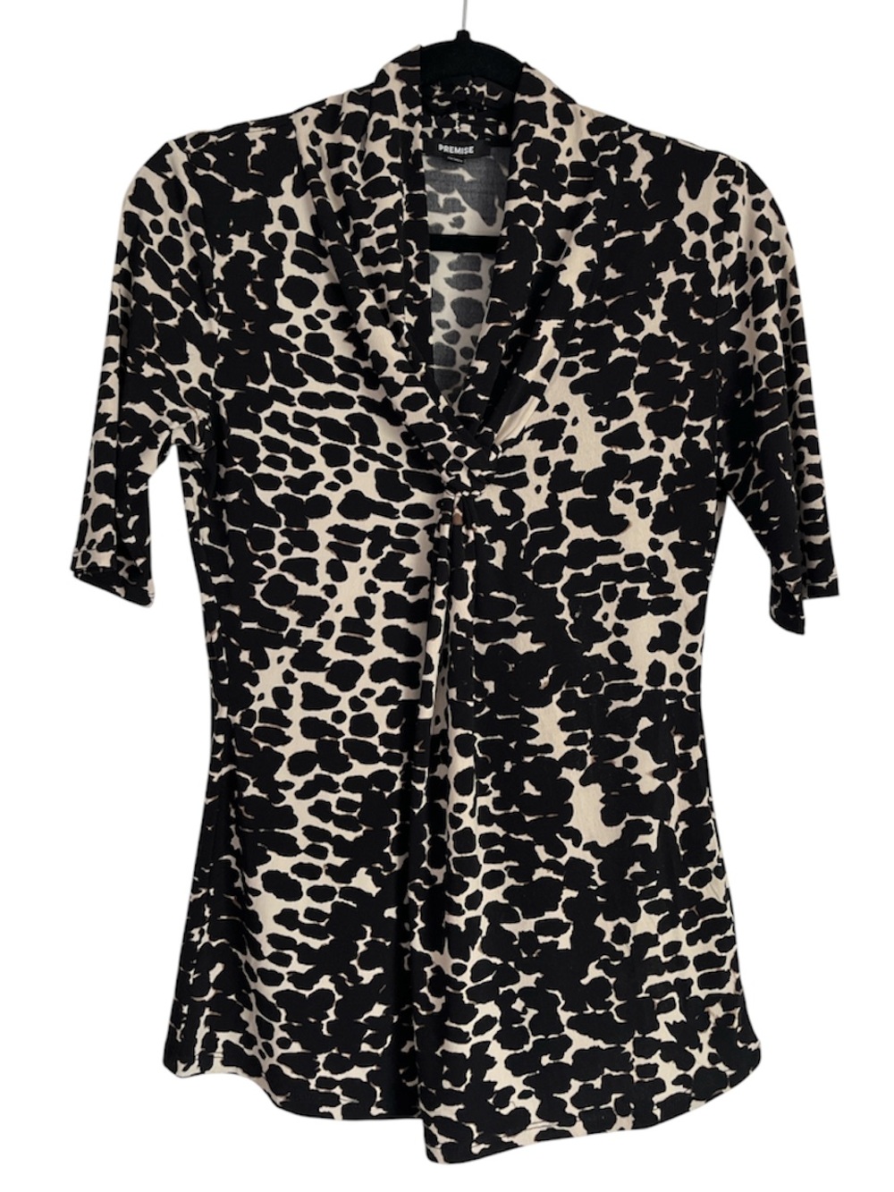 Premise Black and Cream Animal Print Short Sleeve V-Neck Top